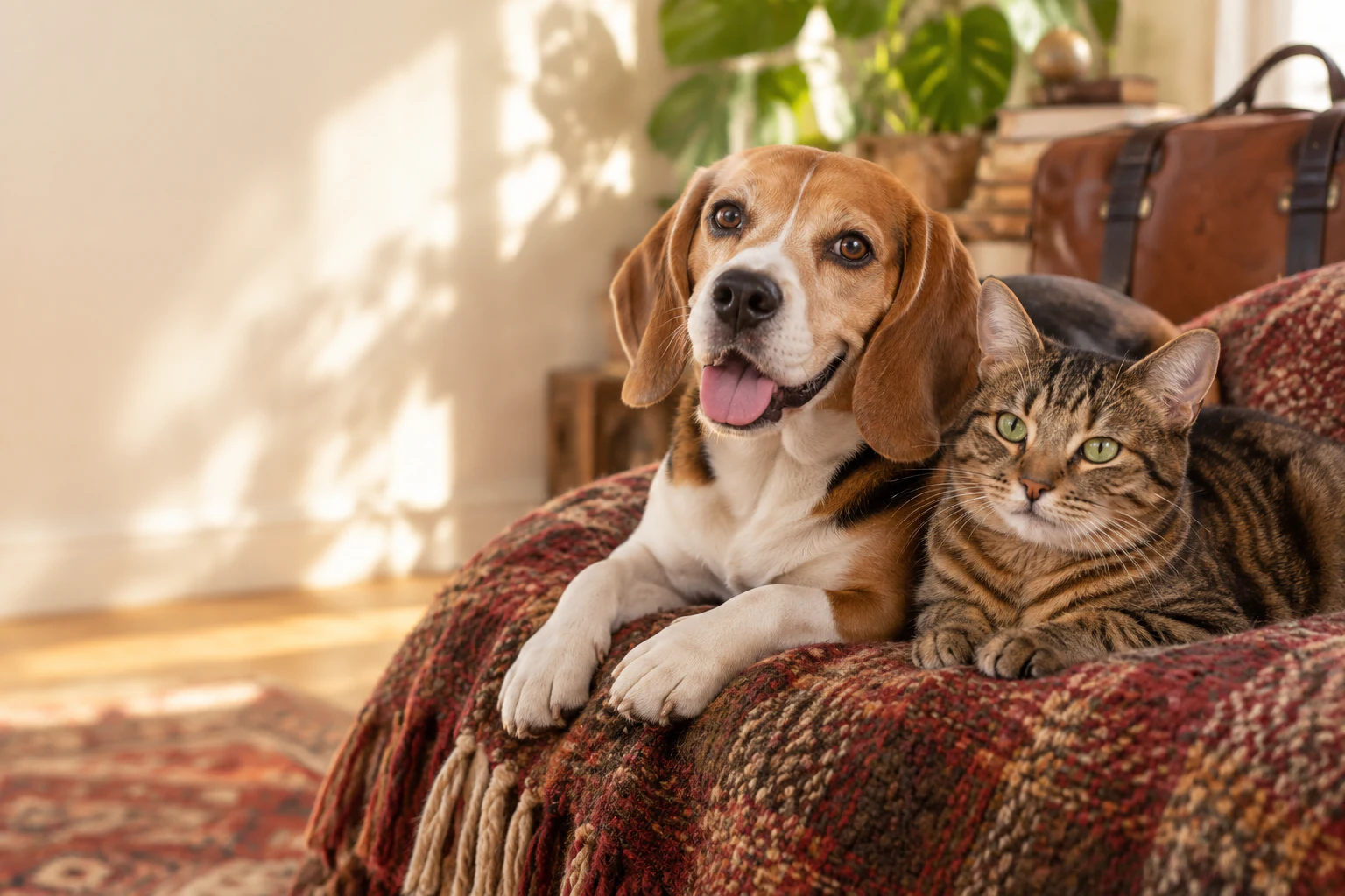 A smiling beagle and a tabby cat resting together on a red tweed blanket