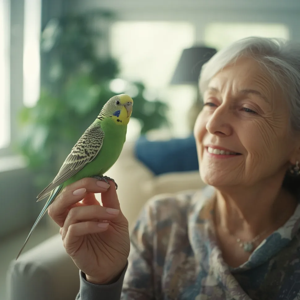 A smiling older woman with a green budgie on her finger