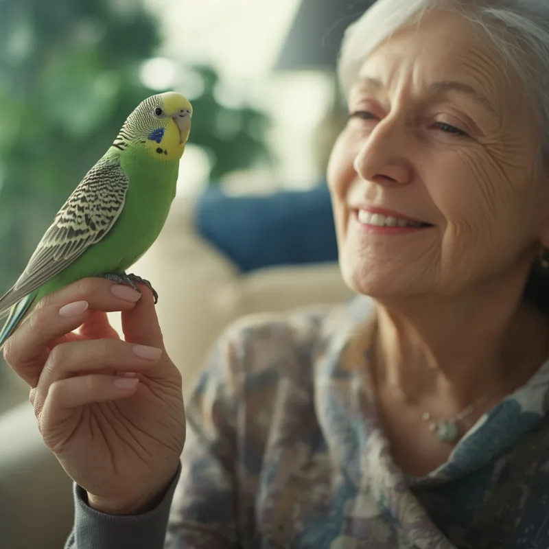 A smiling older woman with a green budgie on her finger