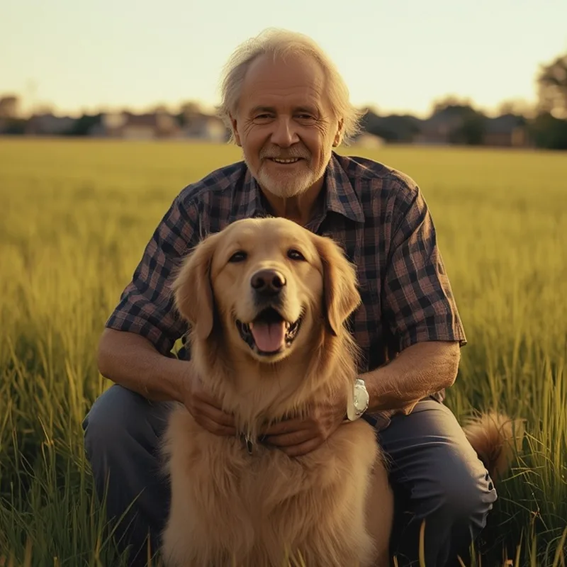 An older man kneeling in a field with his golden retriever