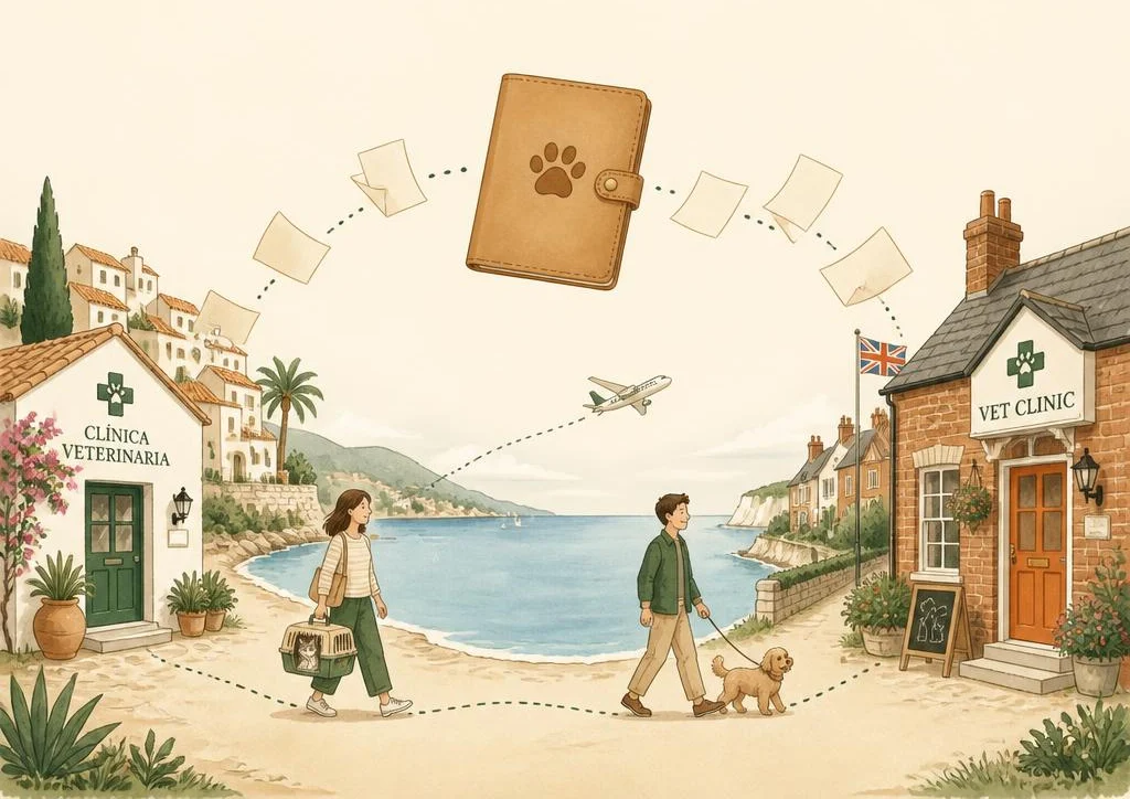 A drawing of a vet clinic abroad and a vet clinic in the UK, with records flying from the first clinic into a TweedPet wallet and on to the second, while owners travel with their cat and dog